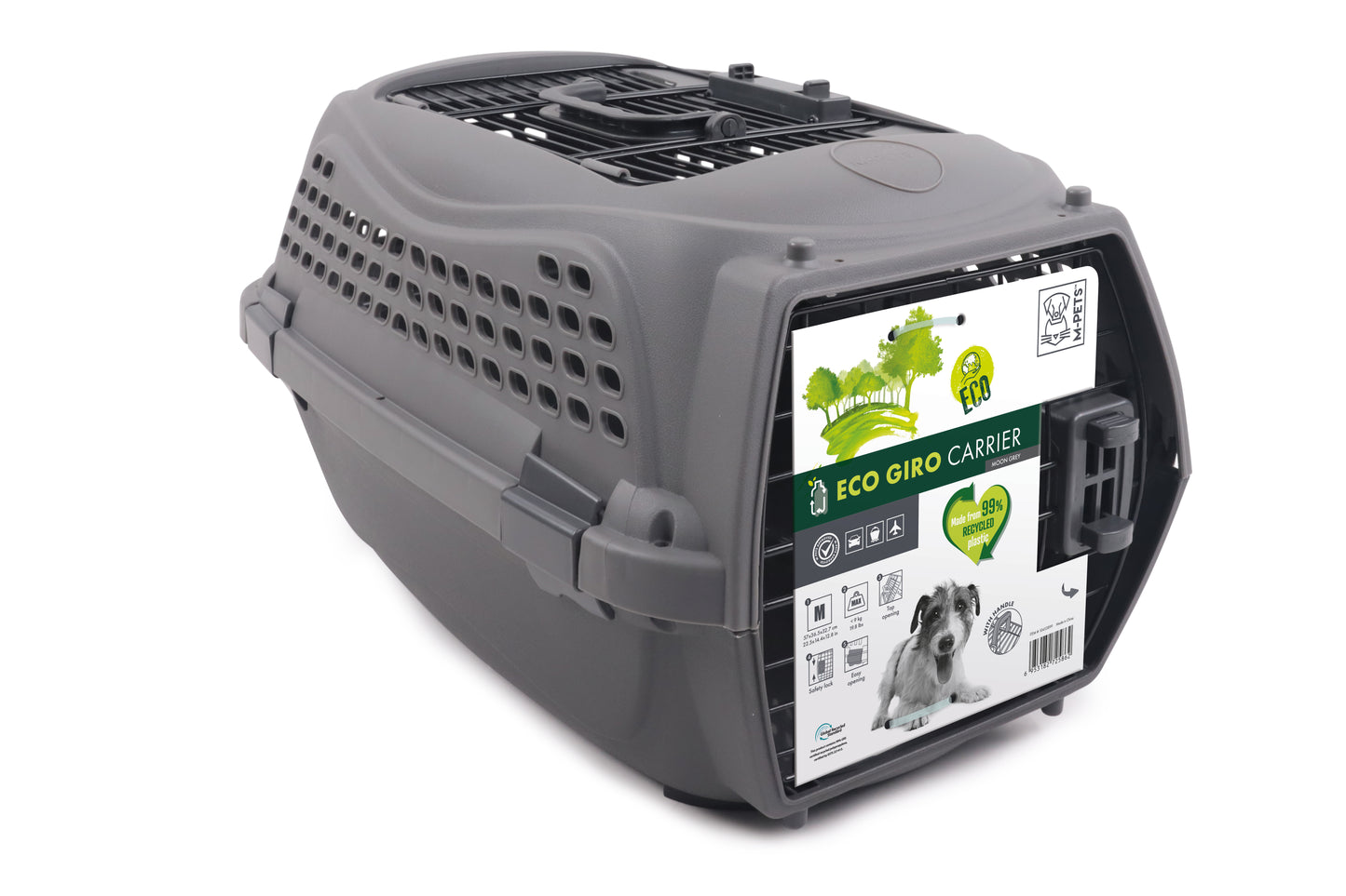 M-PETS ECO Giro Pet Carrier for Dogs & Cats – Recycled Plastic Travel Carrier with Secure Lock & Ventilation, Grey