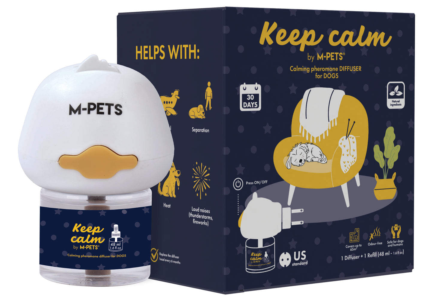 M-PETS Keep Calm Calming Pheromone Diffuser for Dogs – US Plug 48ml, Dog Anxiety Relief, Supports Barking Reduction, Stress & Separation Anxiety, Covers up to 65m², Odour-Free & Non-Sedating