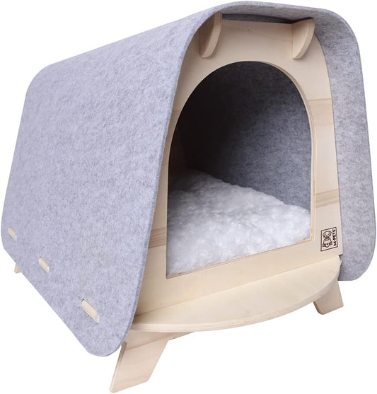 M-PETS WOODY Cozy Cat House – Enclosed Wood Cat Shelter with Cushion, Brown