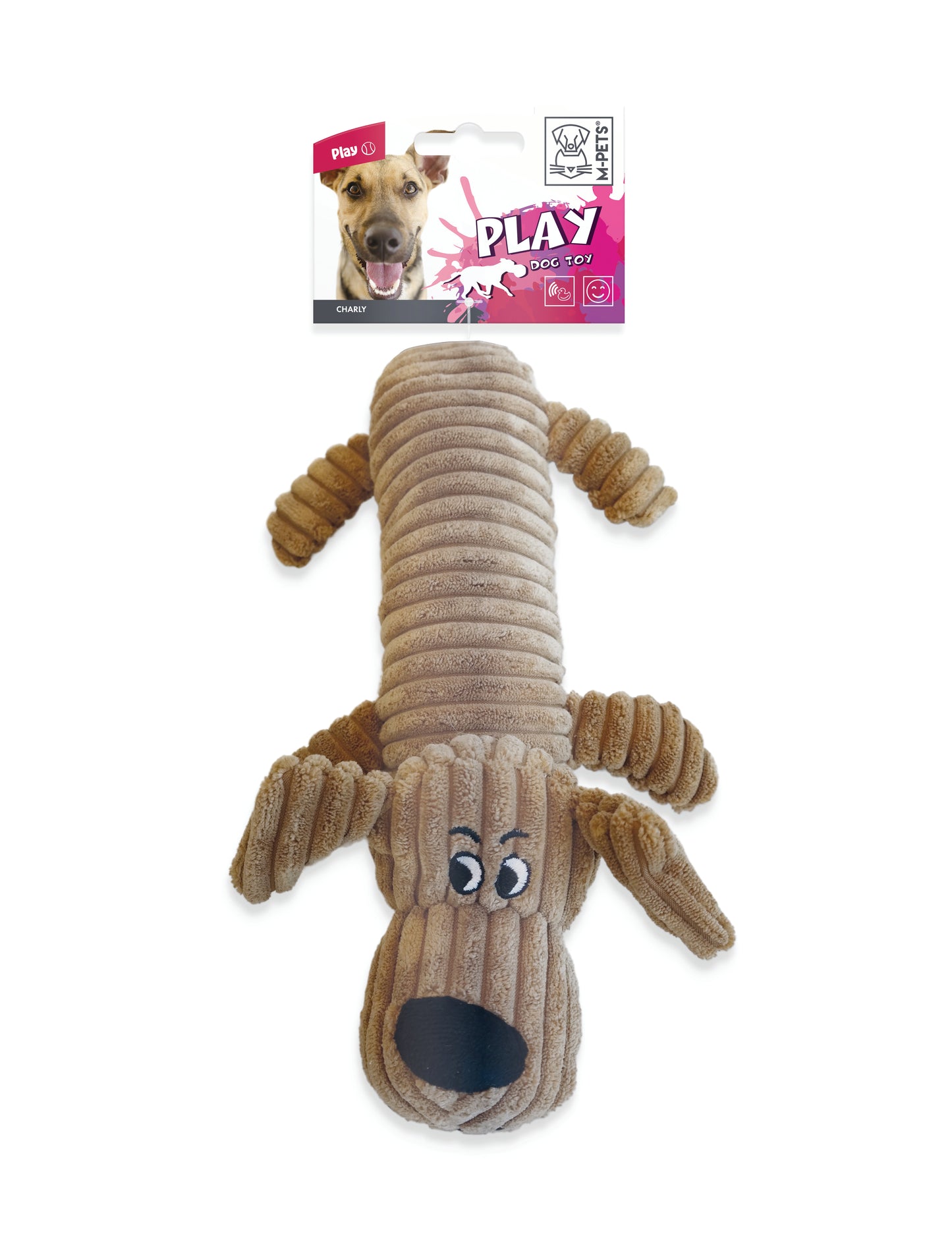 M-PETS MPETS Charly Squeaky Plush Dog Toy, Soft Stuffed Dog Toy with Squeaker for Small & Medium Dogs, Brown, 32 x 17 x 9 cm