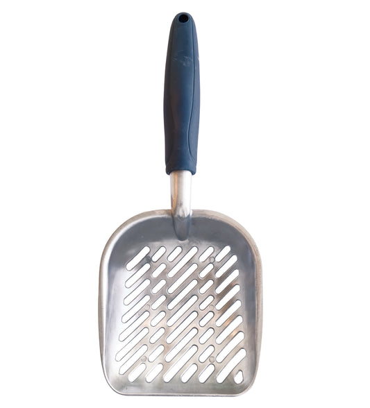 M-Pets Chrome Metal Cat Litter Scoop, Aluminium Litter Scooper with TPE Handle, Durable Kitty Litter Cleaning Tool, Blue & Chrome, 34.5 x 14 x 4.5 cm