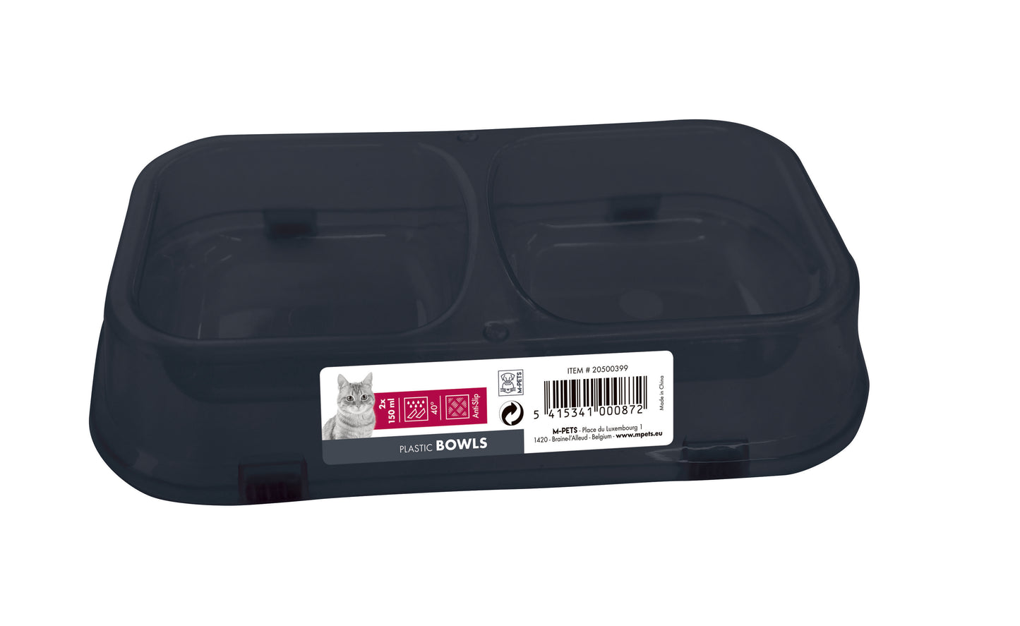 M-Pets Double Plastic Cat Bowl 2 x 150 ml, Anti-Slip Dual Feeding Bowl for Food & Water