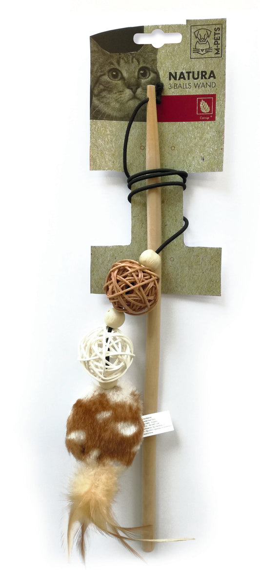 M-PETS NATURA 3-Ball Cat Wand Toy, 35 cm